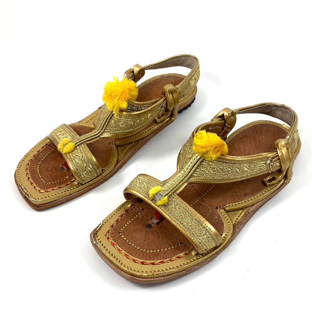 Hand made Indian gold leather pom pom sandals